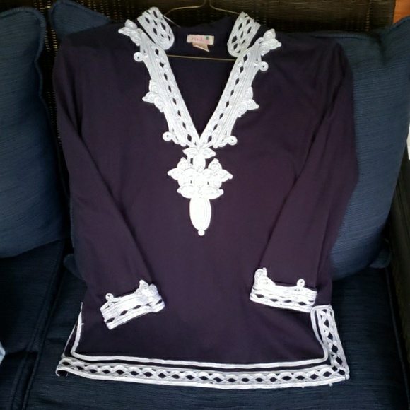Navy Mandarin Style Top with White Trim - Picture 1 of 3